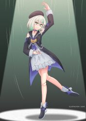 1girl absurdres alternate_costume ankle_boots arm_up artist_name ballet beret black_boots black_dress black_sailor_collar bob_cut boots brown_hat cecilia_immergreen choker closed_mouth clothing_cutout colored_inner_hair commentary cosplay dancing doll_joints double-parted_bangs dress en_pointe english_commentary full_body green_eyes green_hair green_streaks hair_between_eyes hat herta_(honkai:_star_rail)_(cosplay) herta_(puppet)_(honkai:_star_rail) high-low_dress highres hololive hololive_english honkai:_star_rail honkai_(series) joints key key_choker keyhole lock long_sleeves looking_at_viewer madmadmad0489 multicolored_hair padlock parody plantar_flexion pose_imitation puppet_strings purple_choker sailor_collar sailor_dress shadow short_dress short_hair shoulder_cutout showgirl_skirt smile solo species_connection split_mouth spotlight standing standing_on_one_leg streaked_hair trait_connection two-sided_fabric virtual_youtuber white_dress white_hair