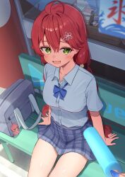 Rule 34 | 1girl, 1other, :d, absurdres, ahoge, alternate costume, bag, blue bow, blue bowtie, blue skirt, bow, bowtie, double-parted bangs, flower hairclip, food, from above, green eyes, highres, hololive, kintoki (sakura miko), light blush, long hair, looking at viewer, lower teeth only, on bench, open mouth, pink hair, pleated skirt, popsicle, pov, pov hands, sakura miko, school bag, shade, shiotsuke sasami, shirt, sitting, skirt, smile, teeth, thigh gap, virtual youtuber, white shirt