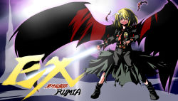 1girl belt blonde_hair energy_sword ex-rumia female_focus fusion kamen_rider kamen_rider_black_rx kamen_rider_black_rx_(series) kazami_shirou_(kaizou-zumi) necktie parody pun red_eyes revolcane rumia solo sword torn_clothes touhou weapon wings