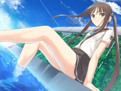 Rule 34 | 1girl, breasts, brown eyes, brown hair, caustics, day, dutch angle, fault!!, fence, game cg, legs, light smile, long hair, long legs, outdoors, panties, pool, poolside, refraction, ripples, school uniform, sky, small breasts, solo, sugiyama mio, tony taka, twintails, underwear, water