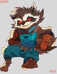 1boy absurdres animal_ears artist_name barefoot claws commentary dated facing_viewer furry furry_male guardians_of_the_galaxy highres male_focus marvel marvel_cinematic_universe marvel_rivals paippppp04 raccoon_boy raccoon_ears raccoon_tail red_eyes rocket_raccoon sitting smile tail whiskers