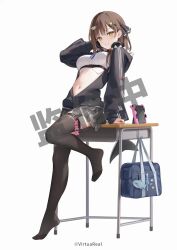 1girl animal_charm arm_behind_head arm_support bag bag_charm belt black_jacket black_thighhighs blue_bag breasts brown_belt brown_hair charm_(object) copyright_notice cropped_shirt desk emoji_hair_ornament figure_available fins fish_tail full_body garter_straps grey_skirt grin hair_ornament hand_up handheld_game_console headphones headphones_around_neck heart heart_hair_ornament heel_up jacket leaning_on_object leg_up looking_at_viewer medium_breasts medium_hair merchandise_available mignon miniskirt nanami_(virtuareal) navel nijisanji no_shoes official_art on_desk partially_unzipped plaid_clothes plaid_skirt school_bag school_desk shark_tail shirt sitting skirt smile solo standing standing_on_one_leg stomach stuffed_animal stuffed_shark stuffed_toy tail thighhighs track_jacket underbust virtual_youtuber virtuareal watermark white_background white_shirt yellow_eyes zettai_ryouiki