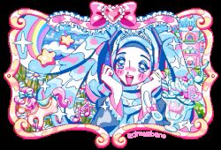 1girl :d animated animated_gif aqua_hijab bow castle colorful commentary english_commentary food gem hands_up hatsune_miku heart hijab hijab_as_hair looking_at_viewer musical_note open_mouth parfait pastel_colors pixel_art pony_(animal) ribbon ru_(toyhamu) smile sparkle tiara transparent_background twintails vocaloid yume_kawaii