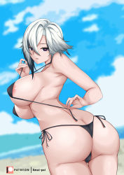 1girl absurdres amai-pai areola_slip arlecchino_(genshin_impact) armpits ass bare_shoulders bikini black_eyes black_hair blurry blurry_background breasts butt_crack cloud genshin_impact grey_hair hair_between_eyes highres large_breasts looking_at_viewer micro_bikini multicolored_hair parted_lips patreon_username red_pupils short_hair side-tie_bikini_bottom sky solo strap_pull streaked_hair swimsuit symbol-shaped_pupils thigh_gap thighs two-tone_hair white_hair x-shaped_pupils