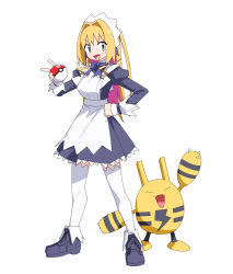1girl black_boots blonde_hair blue_bow blue_bowtie boots bow bowtie breasts closed_eyes commentary_request dress elekid fang full_body gen_2_pokemon hand_on_own_hip highres holding holding_poke_ball juliet_sleeves long_hair long_sleeves looking_at_viewer maid maid_headdress multicolored_hair nintendo open_mouth original pink_hair poke_ball poke_ball_(basic) pokemon pokemon_(creature) puffy_sleeves simple_background standing thighhighs white_background white_thighhighs yachima_tana yachimata_kana