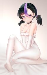 1girl absurdres alternate_costume athletic_leotard ballerina bare_shoulders black_choker black_hair blush breasts choker closed_mouth earrings goddess_of_victory:_nikke hair_ribbon highres jewelry leotard mole mole_under_eye multicolored_hair pantyhose purple_eyes purple_hair purple_ribbon ribbon short_hair short_twintails sitting small_breasts solo streaked_hair syuen_(nikke) twintails white_leotard white_pantyhose yomining