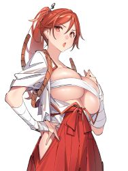 1girl bandaged_arm bandages breasts breasts_out breasts_squeezed_together hair_between_eyes hakama hand_on_own_hip hip_vent japanese_clothes large_breasts long_hair miko open_clothes open_shirt orange_eyes ponytail popqn red_hair red_hakama sakura_taisen sarashi sega shin_sakura_taisen shinonome_hatsuho shiny_skin side_ponytail simple_background skindentation white_background