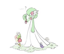 ? bob_cut colored_skin comfey crossover dress foongus gardevoir gen_3_pokemon gen_5_pokemon gen_7_pokemon grass green_hair green_skin multicolored_skin nintendo on_grass pikmin_(series) pink_eyes pokemon pokemon_(creature) purple_pikmin red_pikmin sok_(mr14_c) two-tone_skin white_dress white_skin yellow_pikmin