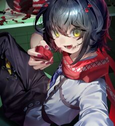 0_o_s_k 1boy :d black_hair black_pants cake crossed_legs feet_out_of_frame food hashtag-only_commentary highres holding holding_cake holding_food knife long_sleeves looking_at_viewer male_focus mashiro_meme mashiro_meme_(1st_costume) nijisanji open_mouth pants red_scarf scarf shirt short_hair sitting smile solo virtual_youtuber white_shirt yellow_eyes