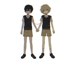 Rule 34 | 2boys, antenna hair, basil (faraway) (omori), basil (omori), black eyes, black hair, black shoes, black sweater vest, blonde hair, blue eyes, brown shorts, closed mouth, collared shirt, highres, holding hands, looking at viewer, male focus, multiple boys, my loleeta, omori, shirt, shoes, short hair, short sleeves, shorts, simple background, socks, sunny (omori), sweater vest, white background, white shirt, white socks