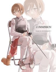 Rule 34 | 1girl, absurdres, bob cut, brown hair, chair, commission, dot nose, fencing suit, foil (fencing), folding chair, full body, hair between eyes, highres, holding, holding sword, holding weapon, kumagai yuka, long sleeves, looking at another, open mouth, original, raised eyebrows, shirt, shoes, short hair, sidelocks, simple background, sitting, sneakers, socks, rectangular mouth, squirrel, sword, weapon, white background, white footwear, white shirt, white socks, zoom layer