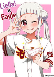 1girl ;p absurdres arashi_chisato steamed_bun baseball_jersey blunt_bangs blush border collarbone commentary_request double_bun food group_name hair_bun highres holding holding_food jersey looking_at_viewer love_live! love_live!_superstar!! medium_hair nippon_professional_baseball ok_sign one_eye_closed outside_border pakudehon pink_background red_eyes shirt short_sleeves single_sidelock solo sparkle standing tongue tongue_out touhoku_rakuten_golden_eagles twintails upper_body white_border white_hair white_shirt