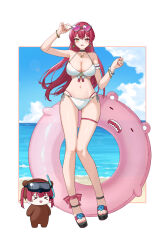 0_albusart 2girls absurdres animal_costume beach bear_costume bikini border breasts cleavage collarbone earrings eyewear_on_head full_body heterochromia highres hololive houshou_kumarine houshou_marine jewelry large_breasts long_hair multiple_girls navel ocean purple-tinted_eyewear red_eyes red_hair sand standing swim_ring swimsuit tinted_eyewear virtual_youtuber water white_bikini white_border yellow_eyes