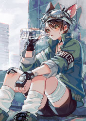 Rule 34 | 1boy, absurdres, animal ear fluff, animal ears, bandaged leg, bandages, black choker, black gloves, black shorts, blush, boots, bottle, brown hair, cat boy, cat ears, cat tail, choker, collarbone, commentary request, feet out of frame, fingerless gloves, gloves, green boots, green eyes, green jacket, highres, holding, holding bottle, jacket, knees up, lace-up boots, long sleeves, looking at viewer, male focus, open clothes, open jacket, open mouth, original, outdoors, short hair, shorts, sitting, socks, solo, suzaku (zaku6584), tail, twitter username, water bottle, white socks