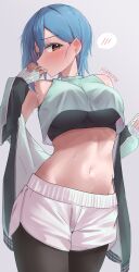 1girl absurdres black_pantyhose black_sports_bra blue_hair commentary_request covered_underboob cowboy_shot crop_top cropped_shirt earrings green_jacket green_shirt highres jacket jacket_partially_removed jewelry looking_at_viewer love_live! love_live!_superstar!! navel orange_eyes pantyhose profile rikka006 shirt short_hair short_shorts shorts sleeveless sleeveless_shirt solo speech_bubble spoken_blush sports_bra standing stomach stud_earrings sweat variant_set wakana_shiki white_shorts