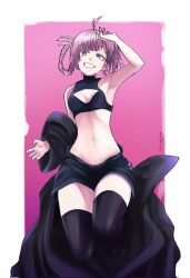 1girl arm_up artist_name bare_shoulders black_coat black_panties black_shorts black_thighhighs blue_eyes braid braided_hair_rings breasts coat crop_top feet_out_of_frame hair_rings highres jacket nanakusa_nazuna_(yofukashi_no_uta) navel open_fly panties pink_background pink_hair short_hair short_shorts shorts simple_background small_breasts solo stomach thighhighs thighs tsunkyunn underwear unworn_coat yofukashi_no_uta