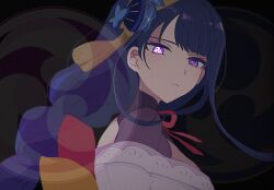1girl anime_coloring asymmetrical_sidelocks blue_butterfly blue_flower blunt_bangs bug butterfly butterfly_hair_ornament closed_mouth electro_symbol_(genshin_impact) expressionless eyelashes fan_hair_ornament flower from_side genshin_impact hair_flower hair_ornament insect japanese_clothes kimono long_hair looking_at_viewer low-braided_long_hair low-tied_long_hair mandarin_collar mismatched_pupils mitsudomoe_(shape) mole mole_under_eye mxxu_box off_shoulder purple_eyes purple_hair purple_kimono purple_pupils purple_shrug raiden_shogun red_ribbon ribbon solo swept_bangs symbol-shaped_pupils tassel tassel_hair_ornament tomoe_(symbol) tsurime