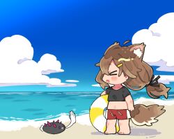 &gt;_&lt; 1girl :d ahoge animal_ear_fluff animal_ears barefoot beach black_ribbon black_shirt blue_sky blush_stickers brown_hair commentary_request crop_top cropped_shirt day detached_ahoge dog_ears dog_girl dog_tail full_body hair_ribbon highres innertube long_hair mamehinata midriff navel notamaru_2 ocean open_mouth outdoors red_shorts ribbon shirt short_sleeves shorts sky smile solo standing swim_ring tail vrchat wind xd