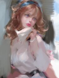 1girl absurdres belt bm94199 brown_hair curly_hair highres long_hair open_mouth original pink_lips purple_eyes shirt solo white_shirt