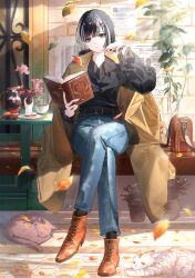Rule 34 | 1girl, absurdres, alternate costume, arm up, bag, black shirt, black socks, blouse, blue pants, blunt bangs, blunt ends, book, boots, bracelet, brown coat, cat, coat, coffee, commentary, crossed legs, cup, denim, english commentary, expressionless, falling leaves, full body, green eyes, hair ornament, hairclip, highres, holding, holding book, hololive, hololive dev is, jeans, jewelry, juufuutei raden, lace-up boots, leaf, leather, leather belt, leather boots, long sleeves, looking at viewer, me 1365, multicolored hair, on bench, pants, plant, poster (object), shirt, shirt tucked in, shoulder bag, sidelighting, sitting, socks, solo, straight hair, streaked hair, teacup, trench coat, two-tone hair, virtual youtuber, x hair ornament