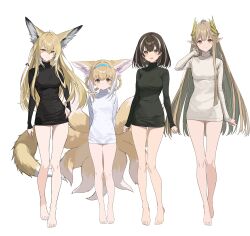 4girls :d absurdres animal_ears arknights arms_behind_back barefoot black_shirt blonde_hair blue_hairband braid braided_hair_rings brown_hair feet fox_ears fox_girl fox_tail full_body hair_rings hairband hand_on_own_hip highres kitsune laurel_crown long_hair long_sleeves magallan_(arknights) mother_and_daughter muelsyse_(arknights) multicolored_hair multiple_girls multiple_tails open_mouth orange_eyes shirt short_hair sigm@ simple_background sleeves_past_wrists smile standing streaked_hair suzuran_(arknights) tail thighs toes turtleneck turtleneck_shirt two-tone_hair vulpisfoglia_(arknights) white_background white_hair white_shirt