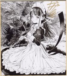 1girl apron commentary_request dress expressionless gagaimo highres holding holding_scythe long_hair looking_at_viewer maid maid_headdress monochrome original scythe shikishi sitting solo traditional_media