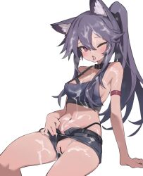Rule 34 | 1girl, aku0, animal ear fluff, animal ears, bar censor, belt collar, black collar, black hair, black shorts, breasts, bukkake, censored, claw pose, clothing aside, collar, commentary, commission, crop top, cum, cum on body, cum on clothes, cum on hair, cum on legs, cum on stomach, facial, flashing, highres, long hair, looking at viewer, micro shorts, navel, open mouth, original, panties, panties aside, panties under shorts, pixiv commission, ponytail, purple eyes, pussy, shorts, shorts aside, simple background, small breasts, smile, solo, symbol-only commentary, tongue, tongue out, underwear, white background
