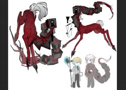 Rule 34 | 1boy, 1girl, alternate eye color, axe, black coat, black pants, black vest, blue eyes, camera, closed mouth, coat, coat on shoulders, e.g.o (project moon), faust (project moon), gaze (e.g.o), highres, holding, holding axe, holding camera, keyhole, limbus company, lobotomy corporation, looking at another, looking to the side, monsterification, multiple views, ohzv, pants, project moon, red eyes, red sweater, ribbed sweater, schadenfreude (project moon), short hair, simple background, sinclair (project moon), sound of a star (e.g.o), sweater, tail, vest, white background, white hair