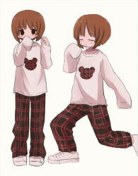 1girl animal_print bear_print brown_hair closed_eyes girls_und_panzer highres looking_at_viewer loungewear multiple_views nishizumi_miho pajamas pants plaid_clothes plaid_pants red_pants ri_(qrcode) shoes short_hair sleeves_past_fingers sleeves_past_wrists sneakers sweater white_shoes white_sweater