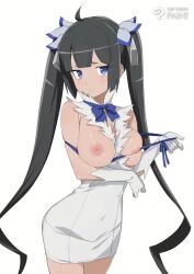 Rule 34 | 1girl, animated, black hair, blue bow, blue bowtie, blue eyes, blue ribbon, bow, bowtie, breasts, breasts out, clip studio paint (medium), dress, dungeon ni deai wo motomeru no wa machigatteiru darou ka, gloves, hair ribbon, hestia (danmachi), large breasts, long hair, looking at viewer, making-of, morisobo, nipples, rei no himo, ribbon, solo, speed painting, speedpaint, tagme, twintails, very long hair, video, white dress, white gloves, white ribbon