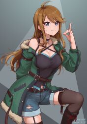 Rule 34 | 1girl, black boots, black choker, black shirt, black thighhighs, blue eyes, blue shorts, boots, breasts, brown hair, choker, cleavage, coat, crescent pendant, denim, denim shorts, fox shadow puppet, fur-trimmed coat, fur trim, ganyo226, garter straps, green coat, grey background, highres, idolmaster, idolmaster million live!, idolmaster million live! theater days, knee boots, lace-up boots, large breasts, long hair, long sleeves, open clothes, open coat, shirt, short shorts, shorts, solo, standing, thighhighs, tokoro megumi, very long hair, zettai ryouiki