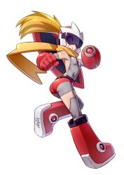 1girl arm_cannon armpits bike_shorts bingshan black_bodysuit black_sleeves blonde_hair blush bodysuit boots breasts commentary_request cosplay detached_sleeves from_behind green_eyes grey_thighhighs head-mounted_display high_ponytail highres looking_at_viewer looking_back mega_man_(classic) mega_man_(series) mega_man_zx ponytail proto_man proto_man_(cosplay) red_boots red_headwear roll_(mega_man) scarf signature skin_tight small_breasts solo thighhighs weapon yellow_scarf