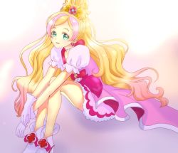 1girl blonde_hair bow choker cure_flora female_focus floating_hair gloves go!_princess_precure green_eyes haruno_haruka highres long_hair looking_at_viewer magical_girl miniskirt mitaka multicolored_hair parted_lips pink_skirt precure red_bow short_sleeves sitting skirt solo streaked_hair swept_bangs very_long_hair white_background white_footwear white_gloves