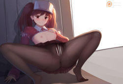 1girl anus ass black_pantyhose blush breasts brown_eyes brown_hair censored clothes_lift crotch_seam feet female_focus japanese_clothes kantai_collection kariginu magatama magic_xiang nipples pantyhose pleated_skirt pussy red_shirt ryuujou_(kancolle) shirt shirt_lift skirt small_breasts solo spread_legs thighs twintails visor_cap
