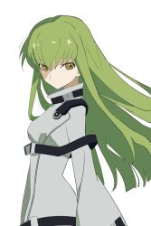 Rule 34 | 1girl, absurdres, belt, belt buckle, belt collar, black belt, buckle, c.c., closed mouth, code geass, collar, cowboy shot, expressionless, eyelashes, floating hair, green hair, hair between eyes, highres, i798hb0z6m57099, jacket, long hair, long sleeves, multiple belts, pointy nose, shoulder belt, simple background, sleeve belt, solo, standing, sweater, tsurime, turtleneck, turtleneck sweater, white background, white jacket, wide sleeves, wind, yellow eyes