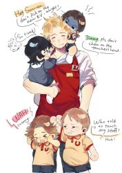 Rule 34 | 1girl, 4boys, aged down, anya (mouthwashing), apron, blonde hair, blue shirt, brown hair, curly (mouthwashing), curly (pre-crash) (mouthwashing), daisuke (mouthwashing), english text, highres, jimmy (mouthwashing), long sleeves, mouthwashing, multiple boys, name tag, paki2000, parted bangs, red apron, shirt, short sleeves, simple background, swansea (mouthwashing), white background, white shirt, yellow shirt