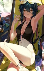 1girl a0lp alcohol animal_ears anklet arknights bare_arms black_hair black_nails black_one-piece_swimsuit breasts chair cigarette colored_inner_hair cooler covered_navel deck_chair dog_tags eyewear_on_head folding_chair highres holding holding_cigarette jewelry looking_at_viewer multicolored_hair one-piece_swimsuit red_hair sitting solo sunglasses swimsuit tail texas_(arknights) twitter_username wet whiskey wolf_ears wolf_girl wolf_tail yellow_eyes