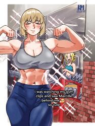 2girls 54kmlikeuniform abs biceps blonde_hair border breasts closed_eyes closed_mouth dated double_biceps_pose drooling dumbbell dungeon_meshi falin_touden falin_touden_(tallman) flexing green_eyes gym highres holding holding_staff large_breasts looking_at_another looking_at_viewer mage_staff marcille_donato midriff mirror mouth_drool multiple_girls muscular muscular_female saliva selfie signature sparkle staff tank_top thick_thighs thighs toned white_border