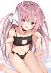 1girl absurdres alternate_costume barefoot black_choker black_panties blush bow breasts cat_choker cat_lingerie choker collarbone commentary_request eyes_visible_through_hair fang hair_between_eyes hair_bow hands_up highres himawari_no_kyoukai_to_nagai_natsuyasumi knees_out_of_frame long_hair looking_at_viewer meme_attire natsusaki_yomi nodoameyatou open_mouth panties paw_pose pink_hair purple_hair shiny_skin shy side-tie_panties sitting skin_fang small_breasts solo straight_hair thigh_gap two_side_up underwear underwear_only very_long_hair wariza wavy_mouth white_bow