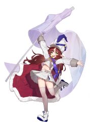 1girl absurdres arknights commentary_request flag green_eyes grey_thighhighs hat highres holding holding_flag korean_commentary long_hair long_sleeves midriff miniskirt myrtle_(arknights) myrtle_(light_gold_celebration)_(arknights) navel official_alternate_costume open_mouth pointy_ears red_hair shoes skirt solo standard_bearer thighhighs white_background white_shoes white_skirt white_thighhighs yagantoegeun