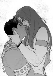 2boys ancient_egyptian_clothes armlet closed_mouth commentary_request dark-skinned_male dark_skin ennead eye_contact greyscale hand_on_another&#039;s_back hand_on_another&#039;s_neck highres horus_(ennead) jewelry long_hair looking_at_another male_focus mix_potage monochrome multiple_boys necklace profile seth_(ennead) short_hair sideburns twitter_username upper_body white_background yaoi