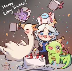 1girl :d animal axolotl bird black_pants blue_eyes blue_shirt blush box cake candle chibi dated dinosaur fang fire food gift gift_box grey_hair happy_birthday hat in_box in_container kobutanori open_mouth original pants parted_bangs party_hat rabbit shirt smile solo standing swan