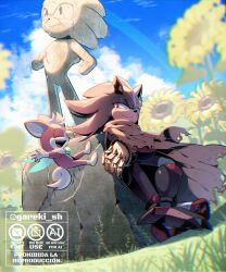 1boy 2boys animal_ears animal_nose black_fur black_shoes blue_sky body_fur boots broken_statue brown_cloak cape chip_(sonic) chromatic_aberration cloak closed_eyes closed_mouth cloud cloudy_sky day e-123_omega english_text field flower flower_field flying full_body furry furry_male gareki_sh gem grass grey_eyes half-closed_eyes hands_up hedgehog insect_wings jewelry letterboxed looking_at_another looking_at_viewer male_focus mechanical_arms mechanical_legs multicolored_shoes multiple_boys open_mouth outdoors pink_fur red_eyes red_fur rock scar scar_on_face shadow shadow_the_hedgehog shoes single_mechanical_arm single_mechanical_leg sitting sky smile sonic_(series) sonic_the_hedgehog standing statue sunflower tail teeth tongue torn_cape torn_clothes white_fur wings yellow_flower