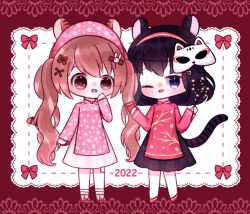 2022 2girls animal_ears ao_dai black_eyes black_hair bow bowtie brown_hair floral_print khan_van long_hair mkirina multiple_girls no_pants one_eye_closed original patterned_clothing pink_bow pink_bowtie pink_eyes short_hair skirt smile tail twintails watermark