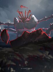 animal animal_focus cloud cloudy_sky commentary_request crab gen_1_pokemon gigantamax gigantamax_kingler grass highres kingler long_arms nintendo no_humans otsumami_(bu-bu-heaven) oversized_animal pokemon pokemon_(creature) pokemon_focus red_clouds sky solo