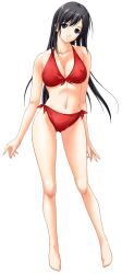 1girl barefoot bikini black_hair blue_eyes breasts cleavage covered_erect_nipples female_focus full_body helter_skelter highres kagami_miu large_breasts long_hair looking_at_viewer navel covered_erect_nipples covered_erect_nipples orimiya_mai red_bikini simple_background smile solo swimsuit