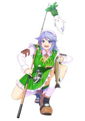 1girl :d animal blue_eyes blue_hair blush bow braid breasts buttons closed_eyes commentary_request cookie_(touhou) cosplay double-breasted faust_(guilty_gear) faust_(guilty_gear)_(cosplay) female_focus fish fishing_rod frilled_sleeves frills full_body guilty_gear guilty_gear_xrd hair_bow highres holding holding_animal holding_fish holding_fishing_rod izayoi_sakuya kneehighs large_breasts long_hair long_sleeves looking_at_viewer maid_headdress meme neck_ribbon open_mouth radish ribbon shoes side_braid smile socks solo squatting tarmo touhou transparent_background tsurikichi_obasan twin_braids white_socks yellow_bow yellow_ribbon
