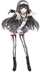 Rule 34 | 1girl, :d, armpits, black boots, black gloves, black hair, black shoes, black thighhighs, boots, bracelet, breasts, cross, cross earrings, dress, earrings, fangs, full body, garter straps, gloves, gradient hair, green eyes, green hair, grey dress, hands up, highres, hirado motoe, jewelry, lace-up boots, latin cross, long hair, looking at viewer, medium breasts, multicolored hair, nekometaru, nun, official art, onsen musume, open mouth, sailor collar, shoes, short dress, simple background, sleeveless, smile, solo, standing, striped clothes, striped thighhighs, teeth, thighhighs, tongue, transparent background, turtleneck, two-tone thighhighs, upper teeth only, veil, vertical-striped clothes, vertical-striped thighhighs, white background, white sailor collar, white thighhighs, zettai ryouiki