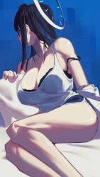 1girl alternate_costume black_bra black_hair blue_shorts bongk bra breasts cleavage dolphin_shorts glasses halo highres hololive hololive_english huge_breasts micro_shorts ouro_kronii shorts solo tank_top underwear virtual_youtuber white_halo white_tank_top