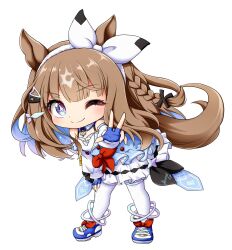 +_+ 1girl ;) almond_eye_(umamusume) animal_ears blue_gloves blue_hair blue_jacket blue_shoes blue_shorts braid brown_hair closed_mouth commentary_request detached_sleeves dress fingerless_gloves full_body gloves hair_ornament hairclip highres horse_ears horse_girl horse_tail jacket kuena leaning_forward long_hair long_sleeves multicolored_hair one_eye_closed pantyhose pantyhose_under_shorts puffy_long_sleeves puffy_sleeves shoes short_shorts shorts shorts_under_dress simple_background smile solo standing tail two-tone_hair umamusume v-shaped_eyebrows very_long_hair w white_background white_dress white_pantyhose white_sleeves